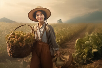 Basket with vegetables in the hands of a farmer background of nature. Happy farmer holding green vegetable on her farm. Generative AI.