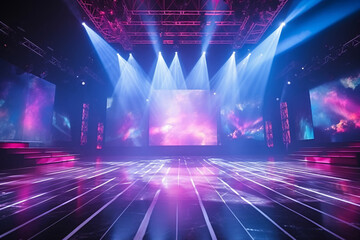 Wall Mural - Modern dance stage light background with spotlight illuminated for modern dance production stage. Empty stage with dynamic color washes. Stage lighting art design. Entertainment show.