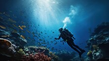 A Professional Scuba Diver Driving, Swimming And Observing Fishes And Corals In A Blue Ocean With A Fascinating Reef View. Diver Wear Equipment. Pc Desktop Wallpaper Background, 4k, 16:9 Generative AI