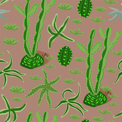 Wall Mural - Cute hand drawn colorful cactuses and succulents seamless pattern. Baby textile background. Kids clothing pattern. Vector illustration