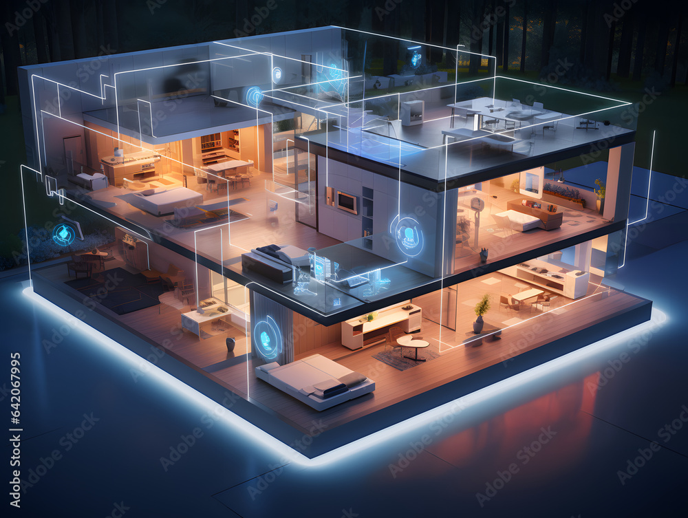 Interior illustration of futuristic smart home with artificial ...