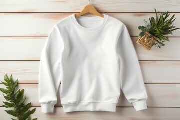 Wall Mural - white blank sweatshirt on white wooden table decor, AI Generated