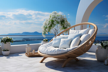 Wall Mural - Summer vacation at poolside. Veranda decorated with deck chairs with an ocean view