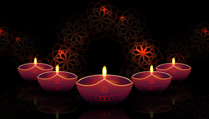 Festive banner with Diwali lamps, black design. Festival of Lights Diwali