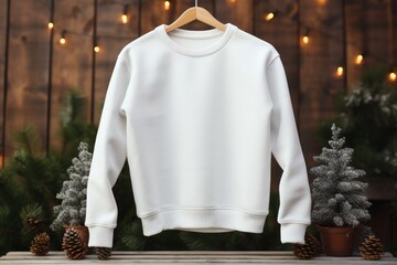 white blank sweatshirt on hanger with christmas decor, AI Generated
