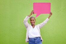Black Woman, Speech Bubble And Portrait For Poster, Space Or Mockup With Opinion By Green Wall Background. African Girl, Billboard And Paper With Voice, Vote And Social Network For Feedback Review
