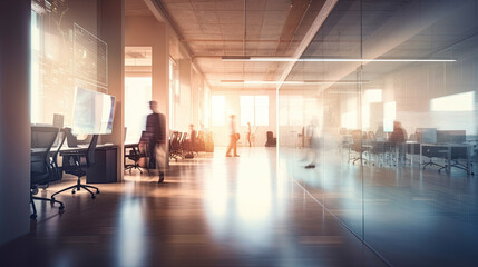 Poster - Business people walking in a modern office with glass walls and floor. Toned image double exposure blurred