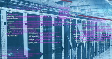 Poster - Animation of computer language over connected dots on server racks in server room