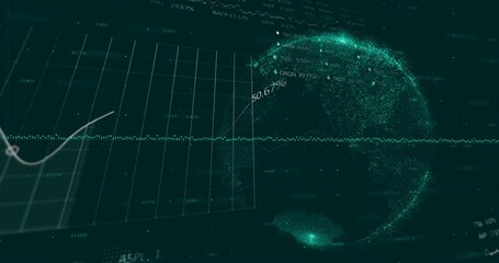 Poster - Animation of globe and graphs moving over stock market data on abstract background