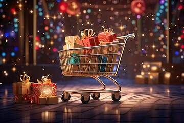 Festive shopping spree. Filling cart with christmas cheer with gift box. Holiday retail therapy. Season greetings sale. Bringing home