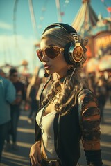 Poster - a woman wearing headphones and sunglasses. Generative AI Art.