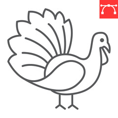 Turkey bird line icon, thanksgiving and farming, gobbler vector icon, animal vector graphics, editable stroke outline sign, eps 10.