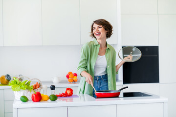 Sticker - Portrait of cheerful lovely lady have good mood hold frying pan cover spatula enjoy making healthy lunch free time house indoors