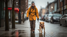 Generative AI, A Blind Man Walks Down A City Street With A Guide Dog, A Retriever In A Harness, A Dog And An Owner, A Beloved Pet, A Cute Animal, A Service For The Disabled, A Dog, A Collar, A Breed