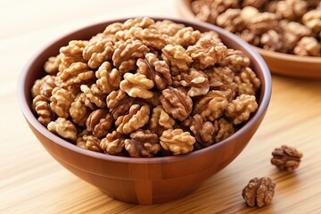 Close-up macro shot of a bowl filled with assorted walnut kernels, captured with a natural colors. Generative AI