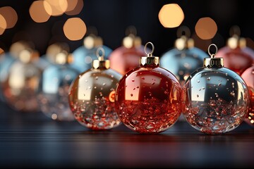 Wall Mural - Christmas baubles with bokeh background.  Photorealistic glitter bokeh Christmas banner with lot of negative Space 