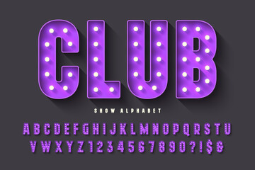 Poster - retro cinema alphabet design, cabaret, led lamps letters and numbers.