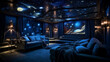 home cinema, surround sound, projector, theater seating, acoustic panels, cosmic lounge, space-themed room, galaxy design