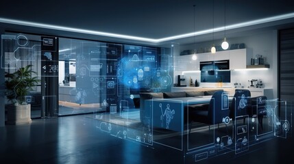 Smart home interface with augmented reality, smart home interior design with options. Created with Generative Ai technology.