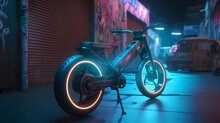 Futuristic Electric Bike Concept, Slim Frame With Embedded LED Lights, Urban Alleyway With Graffiti Murals, Cool Evening With A Vibe Of Rebellion,