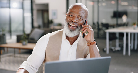 Aufkleber - Black man, phone call or happy senior businessman in office for networking, good news or deal negotiation. Smile, laptop or mature CEO on mobile communication or discussion for online sales project