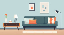 Living Room Interior In Flat Style. Moder Interior Of The Living With Furniture: Sofa, Books, Flowers, Floor Lamp, Pictures. Vector Stock