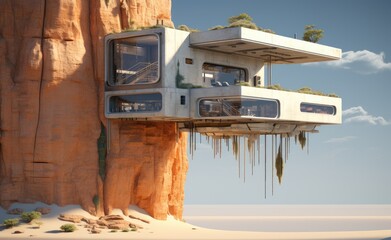 Modern futuristic house landscape on hill, canyons and desert. Generative AI