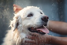 Cute Soapy Dog Taking A Bath, Pet Shop And Animal Care. Generative AI