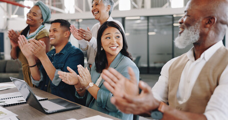 Poster - Business people, meeting or group with applause, achievement and b2b deal in an office. Staff, cooperation and coworkers clapping, conference and workshop with a laptop, conversation or celebration