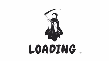 Poster - Grim reaper holding scythe black and white loading animation. Floating Halloween death outline 2D cartoon character 4K video loader motion graphic. Helloween hooded monster flying waiting animated gif