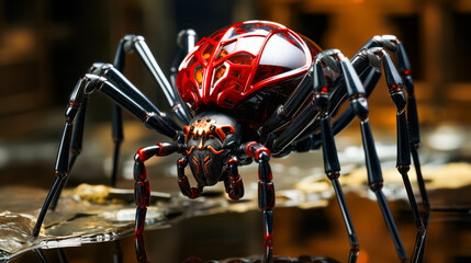 Sticker - Close up of red and black spider on table.