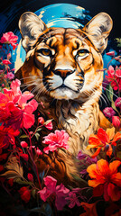 Sticker - Image of tiger surrounded by red and pink flowers.