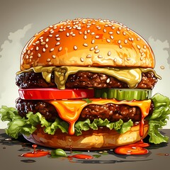 Canvas Print - Hamburger with cheese, lettuce, tomato, and ketchup.