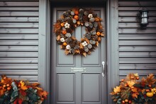 Autumn Wreath On Front House Door, Pine Cones, Pumpkins And Leaves In Wreath, Modern Style, Generative AI