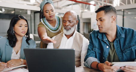Leinwandbilder - Laptop, teamwork or business people in meeting problem solving on an online strategy or data analytics. CEO, collaboration or group of employees speaking of project ideas in a digital agency together