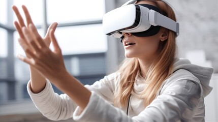 Asian woman Architect designer wearing VR headset for BIM technology working together design 3D model building in office, Futuristic tech with metaverse, Digital data.