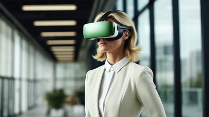 Poster - Businesswoman using virtual reality headset while standing in office.