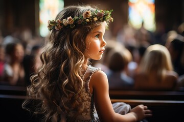 Wall Mural - little girl with first communion dress on church