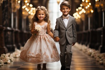 Wall Mural - little girl and little boy with first communion dress on church