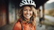© visoot - Happy beautiful woman in protective helmet riding bike exploring at city.