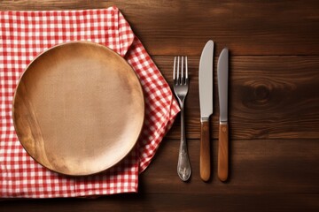 plate, knife and fork on napkin cloth wooden background generative ai