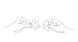 © Volha - Continuous line drawing of hands solving puzzle pieces, jigsaw. Hands connecting puzzle pieces. One line drawing for Business matching, teamwork, business metaphor of solving problem, Editable stroke