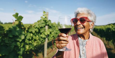 Lifestyle portrait of elderly woman wearing sunglasses and tasting red wine in vineyard