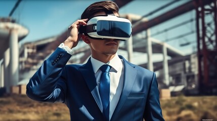 Poster - Businessman wearing virtual reality goggles during analyzing building structure at the construction site.