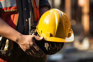 Wall Mural - Close up of hard hat holding by construction worker