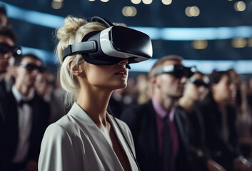 business woman attend meeting wearing vr virtual goggle glasses standing in auditorium convention ha