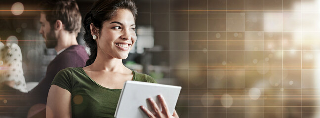 Aufkleber - Business, overlay and woman with a tablet, thinking and connection with network, opportunity or digital startup. Happy person, grid banner and space with technology, decision and website mockup