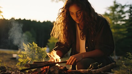 Young woman building a fire at a lakeside, film portrait