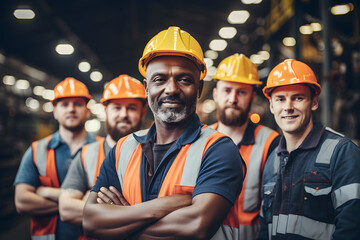 Wall Mural - Group of worker engineer teamwork diverse people mix race in heavy industry standing confident