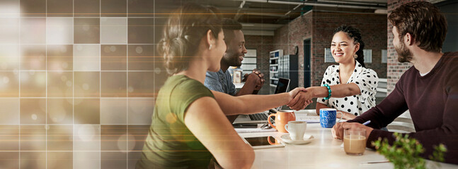 Aufkleber - Banner, handshake and group of business people in meeting with coffee, onboarding and b2b networking with mockup. Interview, men and women with space, overlay and welcome at creative tech startup.